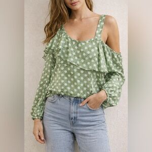 LC Lauren Conrad Green Polka Dot Ruffle Blouse